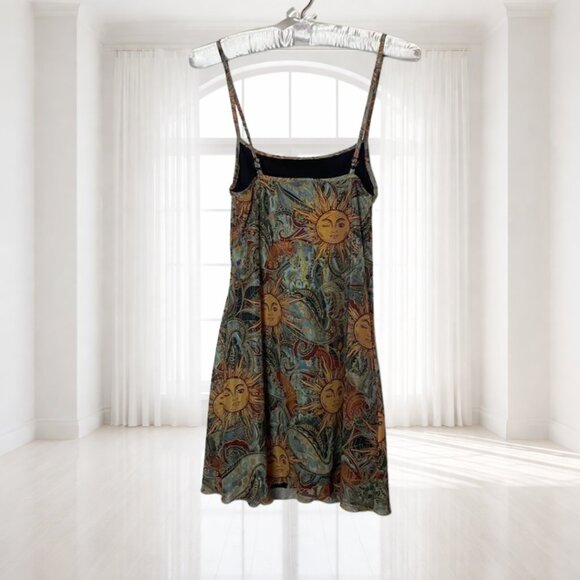 Shein Celestial Sun Print Mini Dress M | Y2K Boho Fairy Grunge Ruffle Hem - Picture 3 of 11